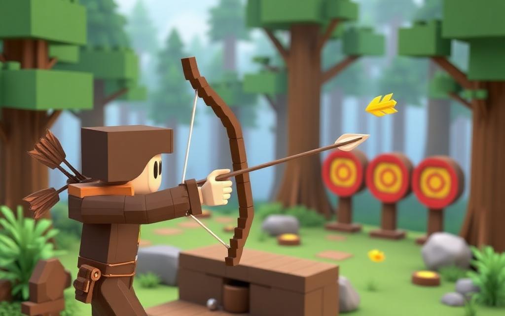 Voxel archer firing a bow at targets in a forest