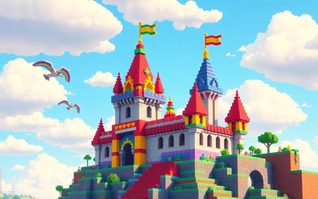 Colorful voxel castle built in creative mode with flying birds and rainbow