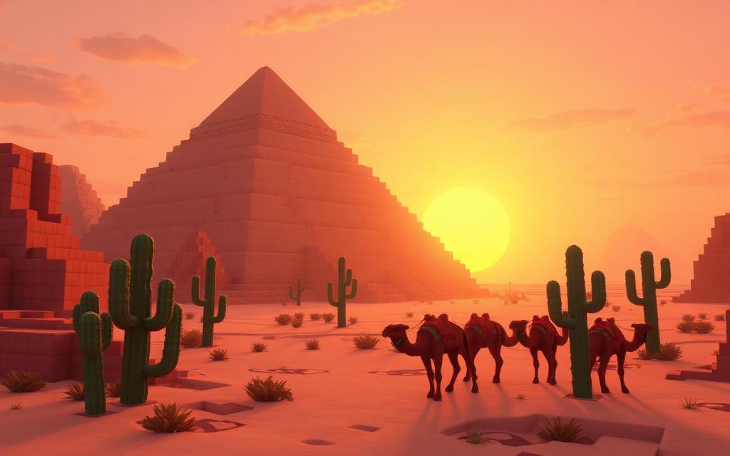 Voxel desert at sunset with a sandstone pyramid, cacti and camels