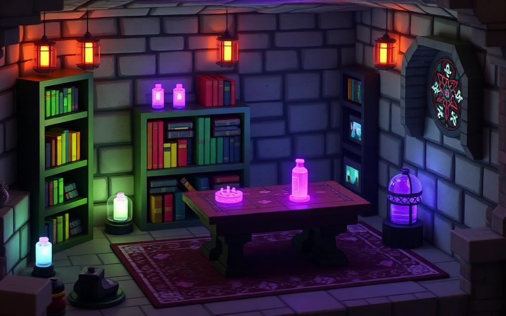 Voxel enchanting table glowing purple surrounded by bookshelves