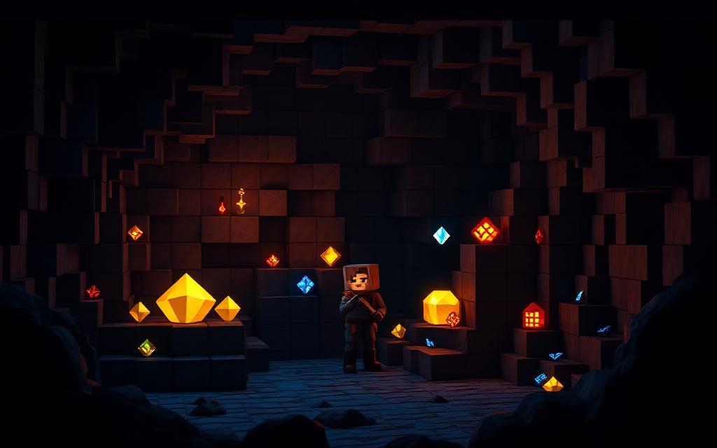 Voxel explorer holding a torch in a dark cave with diamond and gold ore