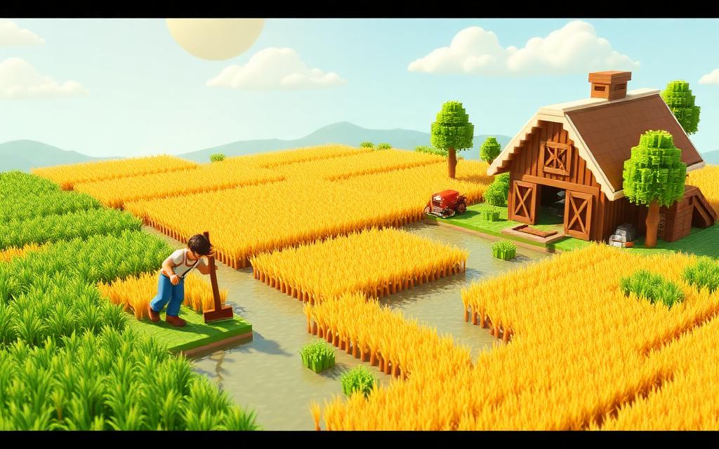 Voxel wheat farm with irrigation canals and a barn