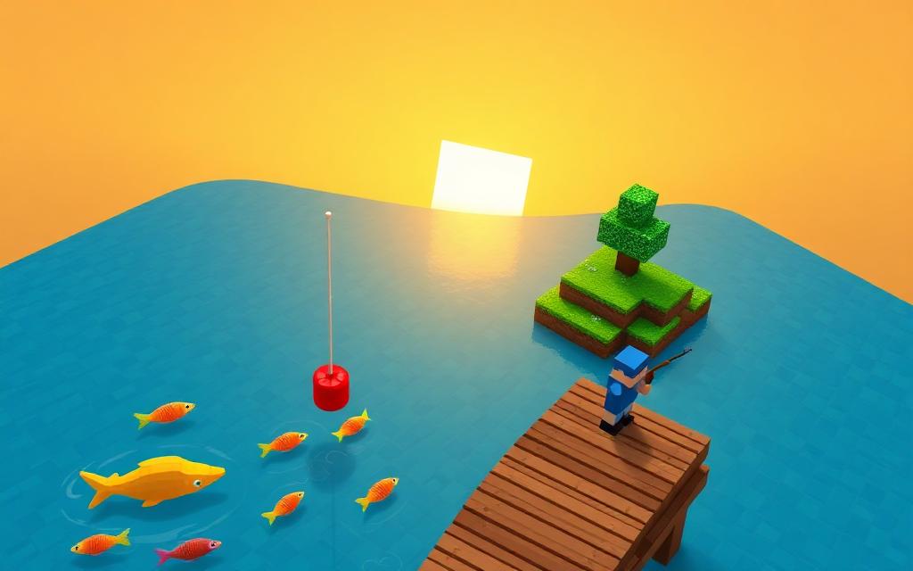 Voxel player fishing from a pier with a bobber and fish in the water