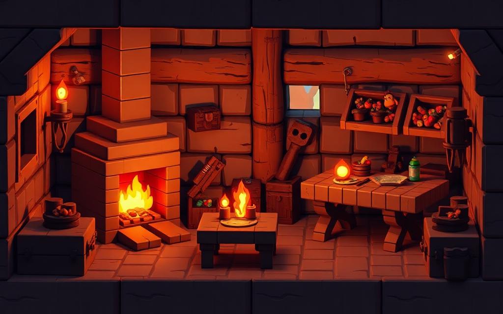 Voxel cabin interior with a burning furnace, crafting table and chests