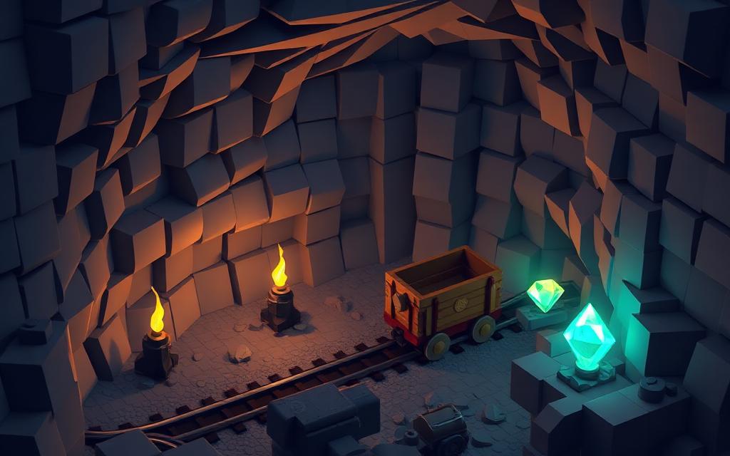 Voxel mineshaft with rails, a minecart and glowing diamond ore