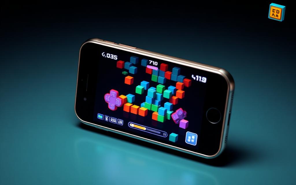 Phone showing the voxel game with on-screen joystick and buttons