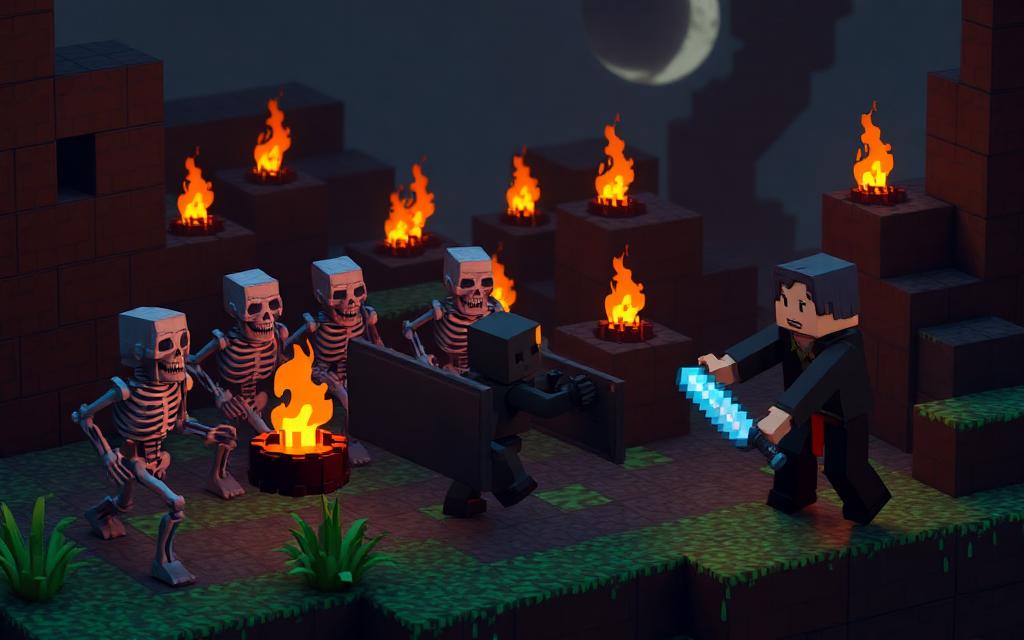 Voxel night battle against skeletons and creepers with a diamond sword