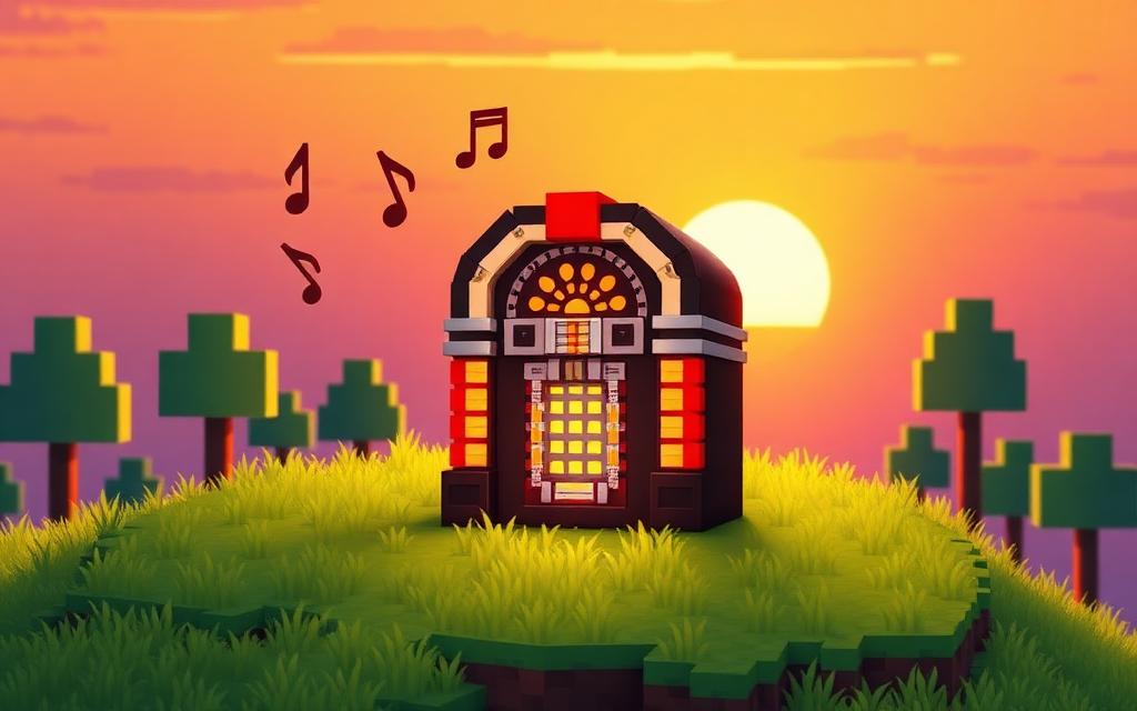 Voxel jukebox at sunset playing musical notes on a grassy hill