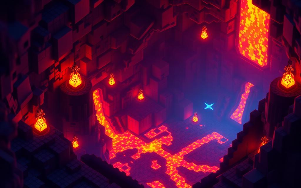 Voxel lava cavern with obsidian towers and glowing magma