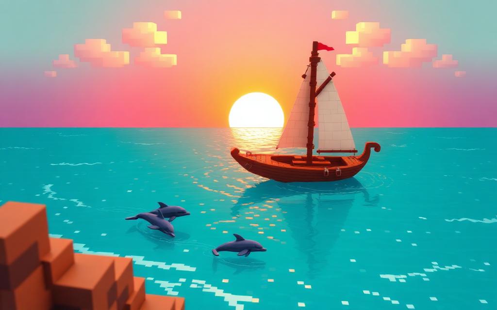 Voxel sailing boat on a turquoise ocean at sunrise with dolphins