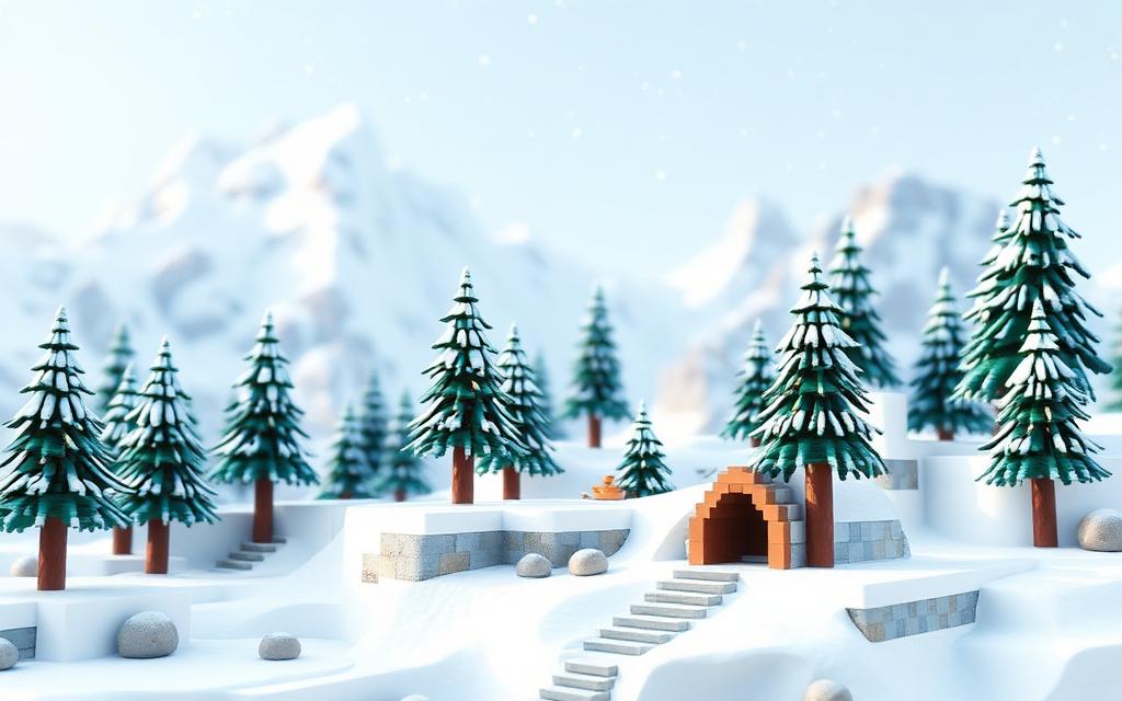 Voxel snowy mountain biome with pine trees and an igloo