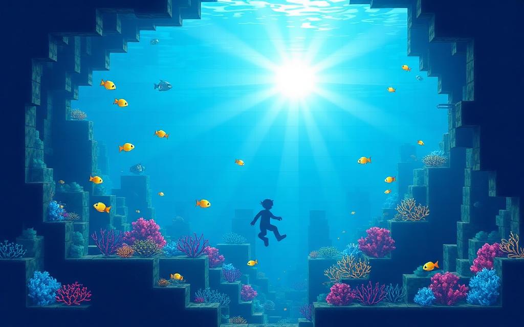 Player swimming underwater among fish and coral in a voxel ocean