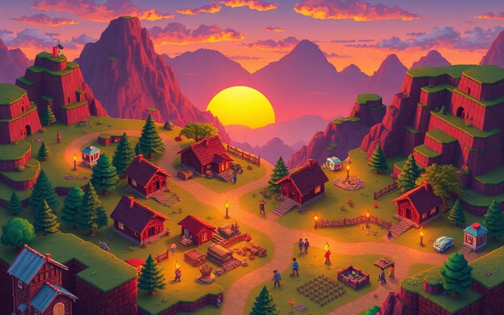 Voxel village at sunset with villagers and farms