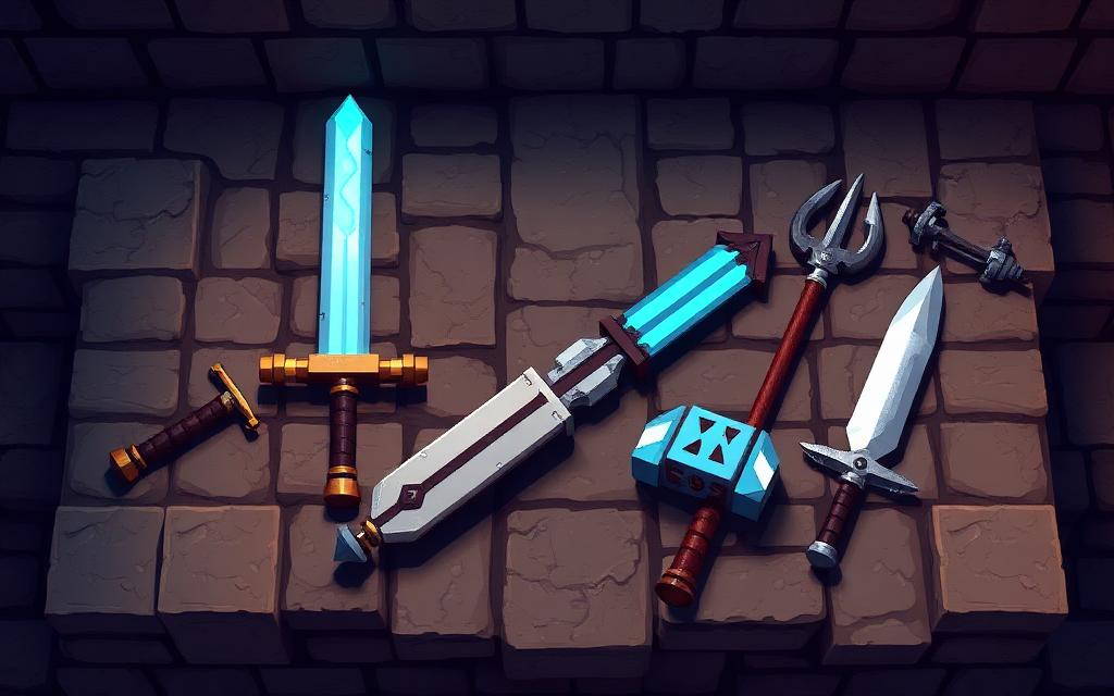 Voxel weapons: diamond sword, spear, mace, trident and dagger
