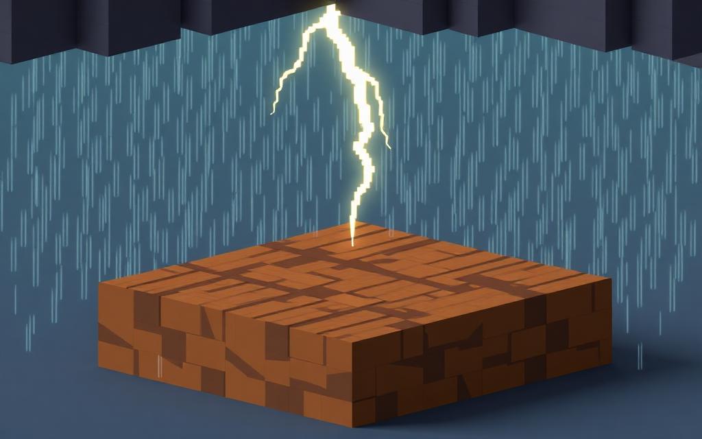 Voxel rain storm with a lightning bolt striking a wooden roof